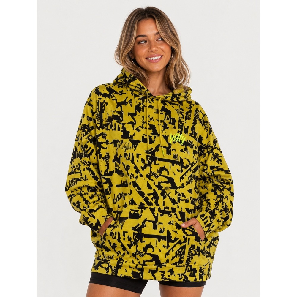Yitty Women Yellow Black Abstract Graphic Oversized Hoodie‎ Sweatshirt M